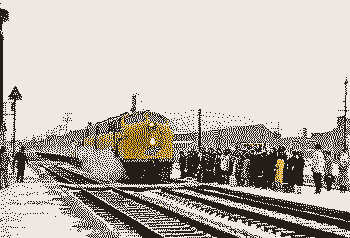 Passengers waiting for a yellow train in snowy winter, rendered in low resolution with dark, light, and yellow dots, fading at the edges.