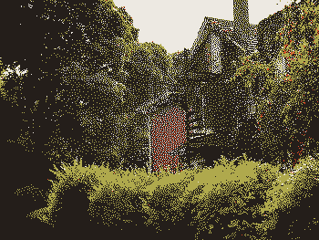 The side of a vine-covered house with a spiral staircase, obscured by vegetation, rendered in low resolution with dark, light, orange, and green dots, fading at the edges.