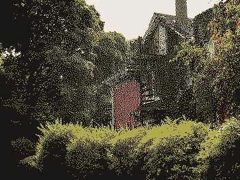 The side of a vine-covered house with a spiral staircase, obscured by vegetation, rendered in low resolution with dark, light, orange, and green dots, fading at the edges.
